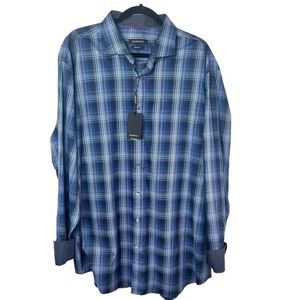 NWT Bugatchi Men's Blue Plaid Long Sleeve Button-Down Shirt Sz 2XL
